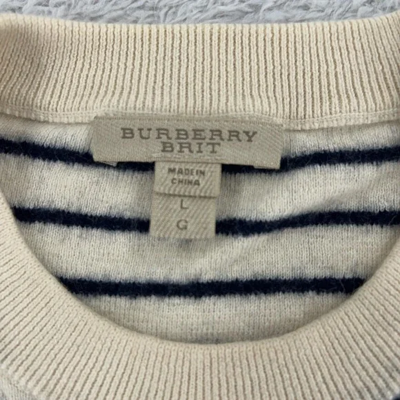 Burberry Brit Sweater Womens Large Striped Button Crewneck‎ Wool Cotton Pullover